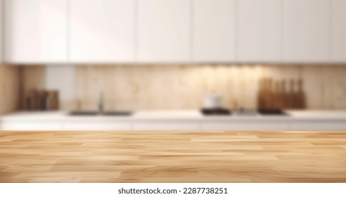 Bello mostrador vacío de la mesa de madera y fondo de cocina moderna y borrosa en un fondo limpio y brillante, Listo, blanco, para montaje de productos