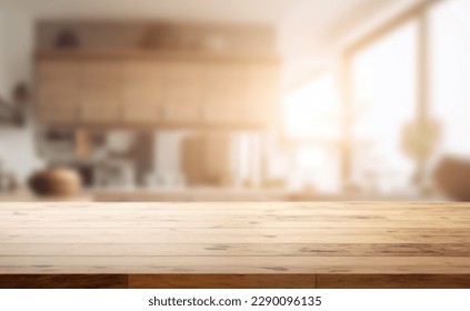 Empty beautiful wood table  top counter    blur bokeh modern kitchen interior background in clean   bright Banner  Ready for product montage