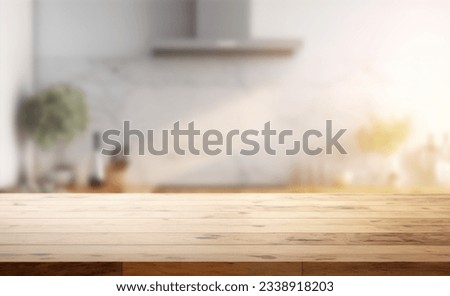 Empty beautiful wood table  top counter  and blur bokeh modern kitchen interior background in clean and bright,Banner, Ready for product montage