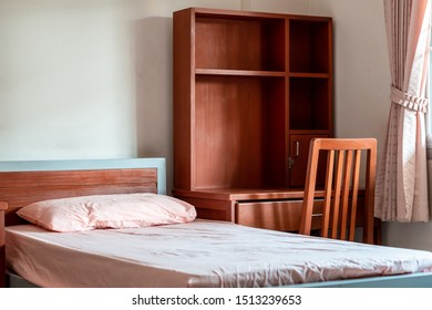 Empty Bedroom Of Student Dormitory In The University, Clean Interior Hostel