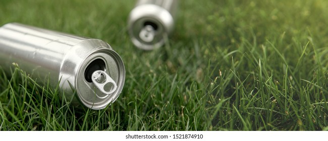 Empty Beer Can Outdoors In Green Grass Background. Recycle Bottle Used Cans Waste Concept