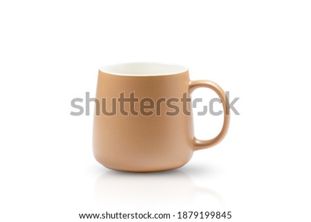 Empty beige matte cup isolated on white background with soft shadow and reflection