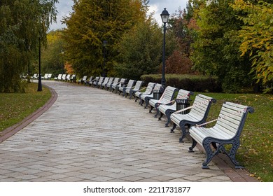 An Empty Bench After Painting Stands In The Park. Row Of Benches