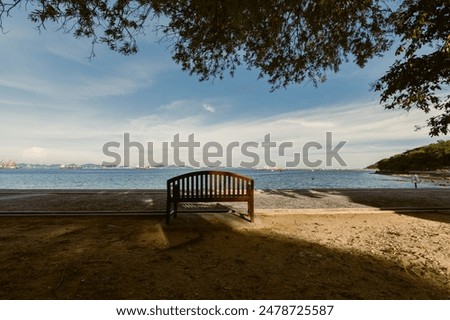 Empty bench by summer beach in the park with beautiful sea