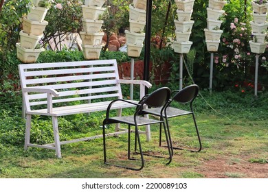 Empty Bench And Chair From Garden A Tranquil Place For Work From Home