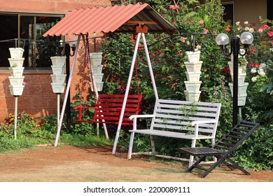 Empty Bench And Chair From Garden A Tranquil Place For Work From Home