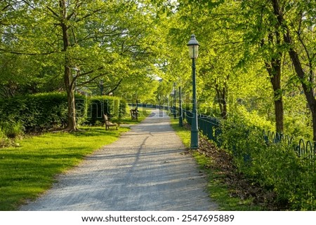 Empty bench and a dirt path, green trees, city park in springtime, Pittsburgh Pennsylvania, 