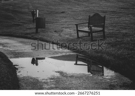 Empty bench and a lamppost are reflecting in a puddle on a path in a deserted park after the rain, creating a melancholic and peaceful atmosphere