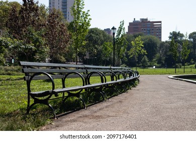 Empty Bench At Morningside Park During The Summer In Morningside Heights Of New York City