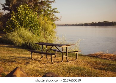 Empty Bench On Columbia River In Washington State