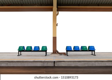 Empty bench on the platform of the train station on white background.