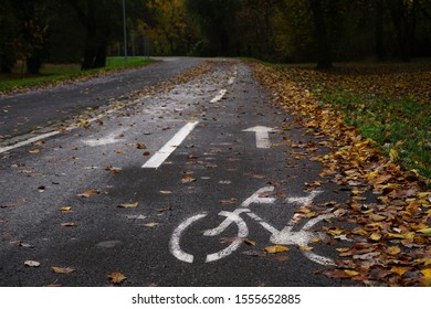 Empty Bike Path In The Fall. Fallen Dry Yellow Leaves On The Trail. Autumn Raining Day.               