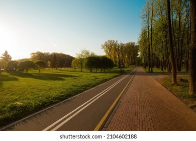 Empty Bike Path Route Infrastructure Early In The Spring Sunny Morning. No People In The Park, Green Grass, Trees And Blue Sky. Happy Warm Light And Bright Colors