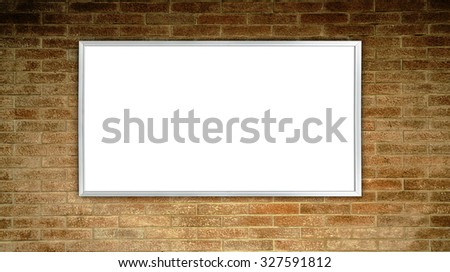 empty billboard with metalframe on brick wall background