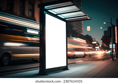 Empty billboard mockup at footpath or at roadside in city, side view blank billboard in city, Outdoor Advertising space in light box at bus stop in night, empty signage mockup