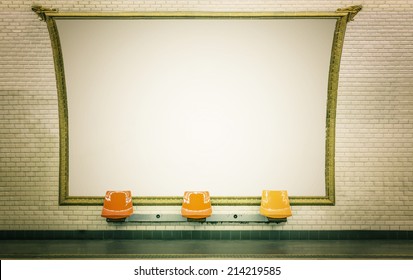 Empty Billboard In Paris Subway Station With Empty Chairs