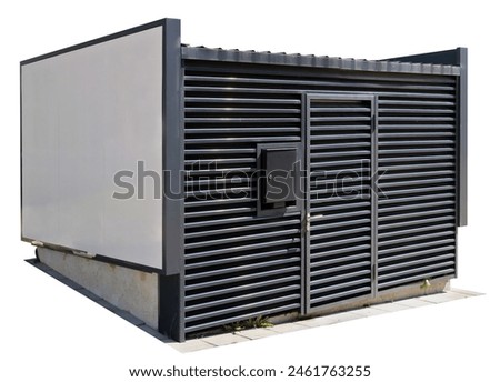Empty billboard  placed on the wall of a transformer electrical shed. Isolated on white