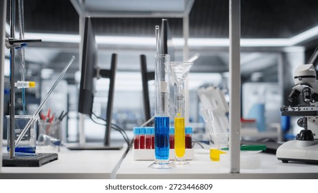 Empty bio lab with specimen samples in jars and test tubes for research, scientific preparation for chemistry experiments. Laboratory emphasizes healthcare discovery and molecular analysis.