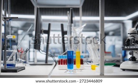 Empty bio lab with specimen samples in jars and test tubes for research, scientific preparation for chemistry experiments. Laboratory emphasizes healthcare discovery and molecular analysis.