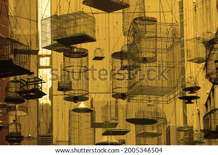 Empty bird cages suspended above Angel Place. An art installation 
