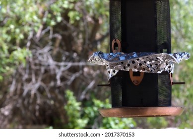 An empty bird feeder hanging in the daytime. It has DIY bird control using aluminum to keep the larger perching bully birds away so the songbirds can feed.