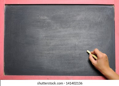 Empty Black Chalkboard Texture With Hand Holding Chalk. You Can Put Your Design On The Chalkboard