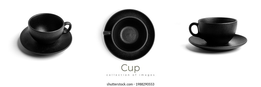 Empty black cups and saucer on a white background. High quality photo