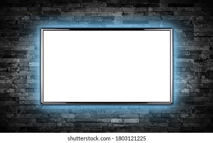 Empty Black Flat Tv Screen Display With Copy Space Isolated White Background. Television Wall Mounted On Dark Slate Stone Wall Glowing Blue LED Background. Multimedia Streaming Internet Cloud 