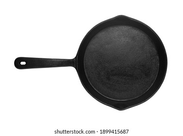 Empty black iron pan isolated on white background, top view