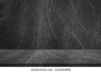 Empty Black Marble Table Top With Black Stone Wall Texture Background