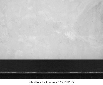 Empty Black Marble Table Top With Grey Concrete Wall,Mock Up For Display Or Montage Of Product,use As Background.