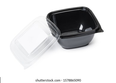 Empty Black Plastic Disposable Take Out Container For Food Isolated On White Background