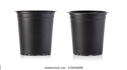 Empty Black Plastic Flower Pot Isolated On White Background With Clipping Path