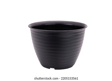 Empty Black Plastic Flower Pot Isolated On White Background. With Clipping Path