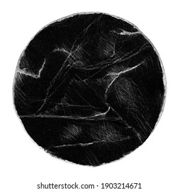 Empty Black Scratched Circle Round Paper Peeled Sticker Stamp Mock Up Isolated on White. Old Rough Black Empty Aged Damaged Disc Ring. Shabby Grunge Overlay Texture for Collage. 