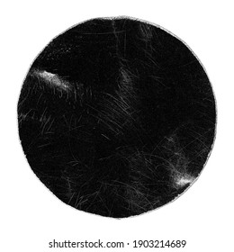 Empty Black Scratched Circle Round Paper Peeled Sticker Stamp Mock Up Isolated On White. Old Rough Black Empty Aged Damaged Disc Ring. Shabby Grunge Overlay Texture For Collage. 