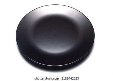 Empty Black Slate Plate On White Background. Food Background For Menu, Recipe. Table Setting. Flatlay, Top View. Mockup For Restaurant Dish