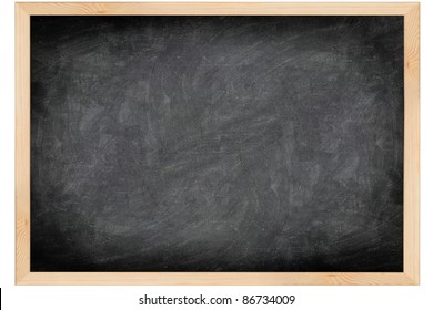 Empty Blackboard With Wooden Frame. Black Chalkboard Background With Great Texture And Scratches Isolated On White Background.