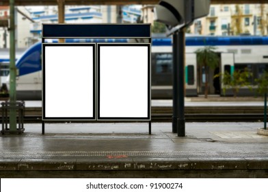 Empty blank billboard at train station