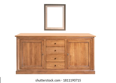 Empty Blank Frame On Patterned Wall And Wooden Dresser On Hardwood Floor