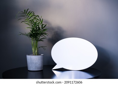 Empty Blank Lightbox With Space For Text , Small Areca Palm Home Plant In A Concrete Pot On Black Table With Dark Gray Wall Background. Mockup. Modern Minimalist Interior Design. Selective Focus