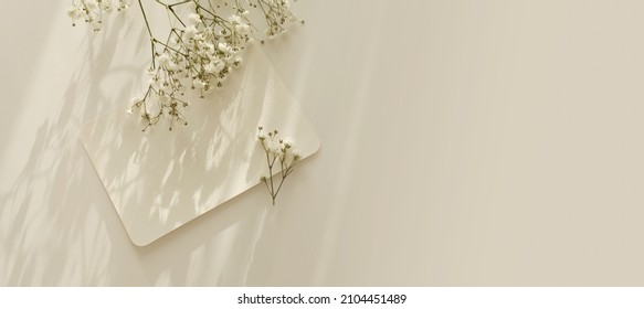 Empty Blank texture canvas paper card and gypsophila flower with copy for your text message. Light and shadows minimalism  template horizontal long background. Flat lay, top view. Beige color tone. - Powered by Shutterstock