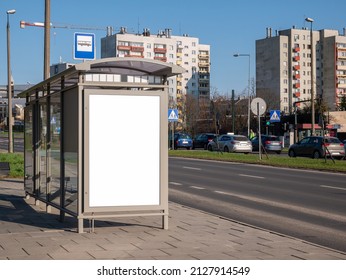 Empty Blank White Cut Out Bus Stop Advertisement Poster, Vertical Ad Banner Sign Board, City Advert On The Street, Urban Public Space Advertising Placeholder Simple Template, Daytime, Nobody