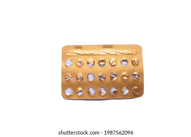 Empty Blister Pack Of Hormonal Oral Contraceptives Isolated On White. Birth Control. Top View