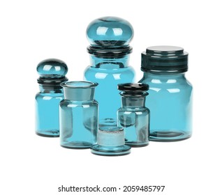 Empty Blue Apothecary Bottles Isolated On White Background