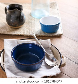 Empty Blue Bowl, Setting For Food Photography By Food Stylist. 