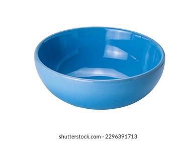 Empty blue ceramic bowl isolated on white background with clipping path. High angle view of deep round blue bowl isolated.