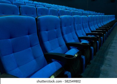 Empty Blue Cinema Seats, Chairs. Perspective View