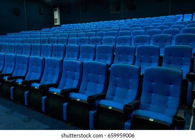 Empty Blue Cinema Seats, Chairs. Perspective View
