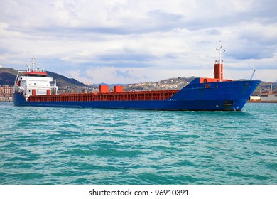 Empty Blue Container Ship On Coast